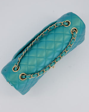 Chanel Medium Aqua Blue Iridescent Classic Double Flap Bag in Lambskin Leather with Champagne Hardware