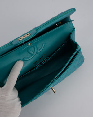 Chanel Medium Aqua Blue Iridescent Classic Double Flap Bag in Lambskin Leather with Champagne Hardware