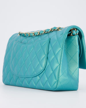 Chanel Medium Aqua Blue Iridescent Classic Double Flap Bag in Lambskin Leather with Champagne Hardware