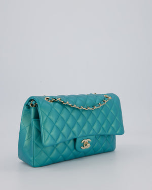 Chanel Medium Aqua Blue Iridescent Classic Double Flap Bag in Lambskin Leather with Champagne Hardware