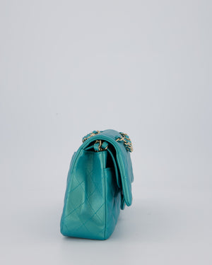 Chanel Medium Aqua Blue Iridescent Classic Double Flap Bag in Lambskin Leather with Champagne Hardware