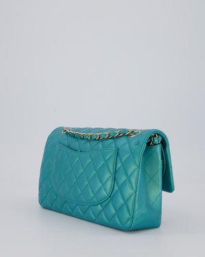 Chanel Medium Aqua Blue Iridescent Classic Double Flap Bag in Lambskin Leather with Champagne Hardware
