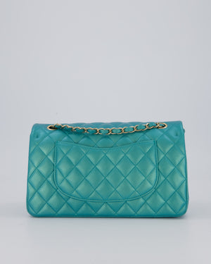Chanel Medium Aqua Blue Iridescent Classic Double Flap Bag in Lambskin Leather with Champagne Hardware