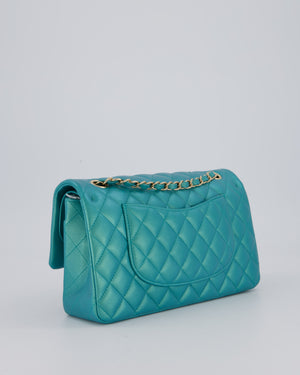 Chanel Medium Aqua Blue Iridescent Classic Double Flap Bag in Lambskin Leather with Champagne Hardware