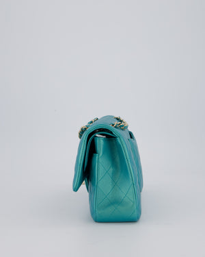 Chanel Medium Aqua Blue Iridescent Classic Double Flap Bag in Lambskin Leather with Champagne Hardware