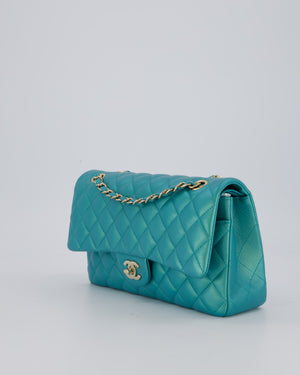 Chanel Medium Aqua Blue Iridescent Classic Double Flap Bag in Lambskin Leather with Champagne Hardware