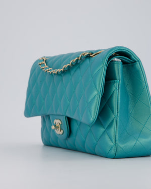 Chanel Medium Aqua Blue Iridescent Classic Double Flap Bag in Lambskin Leather with Champagne Hardware