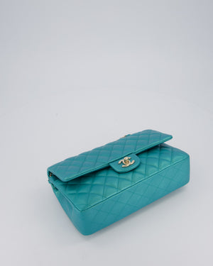 Chanel Medium Aqua Blue Iridescent Classic Double Flap Bag in Lambskin Leather with Champagne Hardware