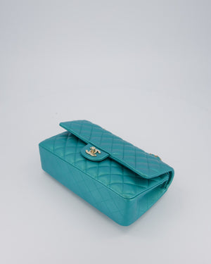 Chanel Medium Aqua Blue Iridescent Classic Double Flap Bag in Lambskin Leather with Champagne Hardware