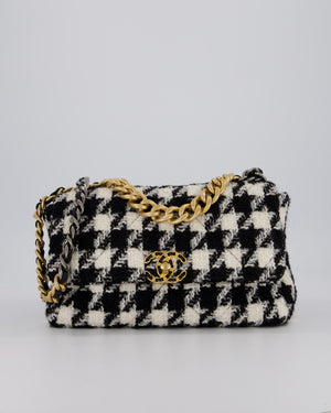 Chanel Medium 19 Flap Bag in Black and White Houndstooth Quilted Tweed with Mixed Hardware