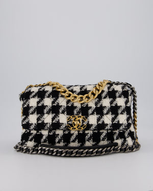 Chanel Medium 19 Flap Bag in Black and White Houndstooth Quilted Tweed with Mixed Hardware