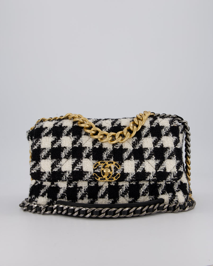 Chanel Medium 19 Flap Bag in Black and White Houndstooth Quilted Tweed with Mixed Hardware