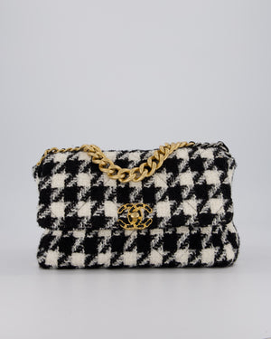Chanel Medium 19 Flap Bag in Black and White Houndstooth Quilted Tweed with Mixed Hardware