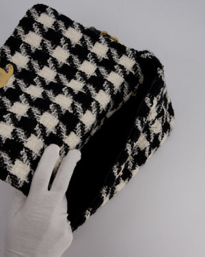 Chanel Medium 19 Flap Bag in Black and White Houndstooth Quilted Tweed with Mixed Hardware
