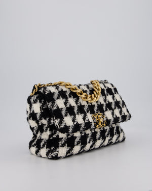 Chanel Medium 19 Flap Bag in Black and White Houndstooth Quilted Tweed with Mixed Hardware