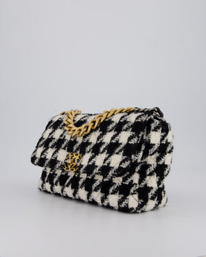 Chanel Medium 19 Flap Bag in Black and White Houndstooth Quilted Tweed with Mixed Hardware