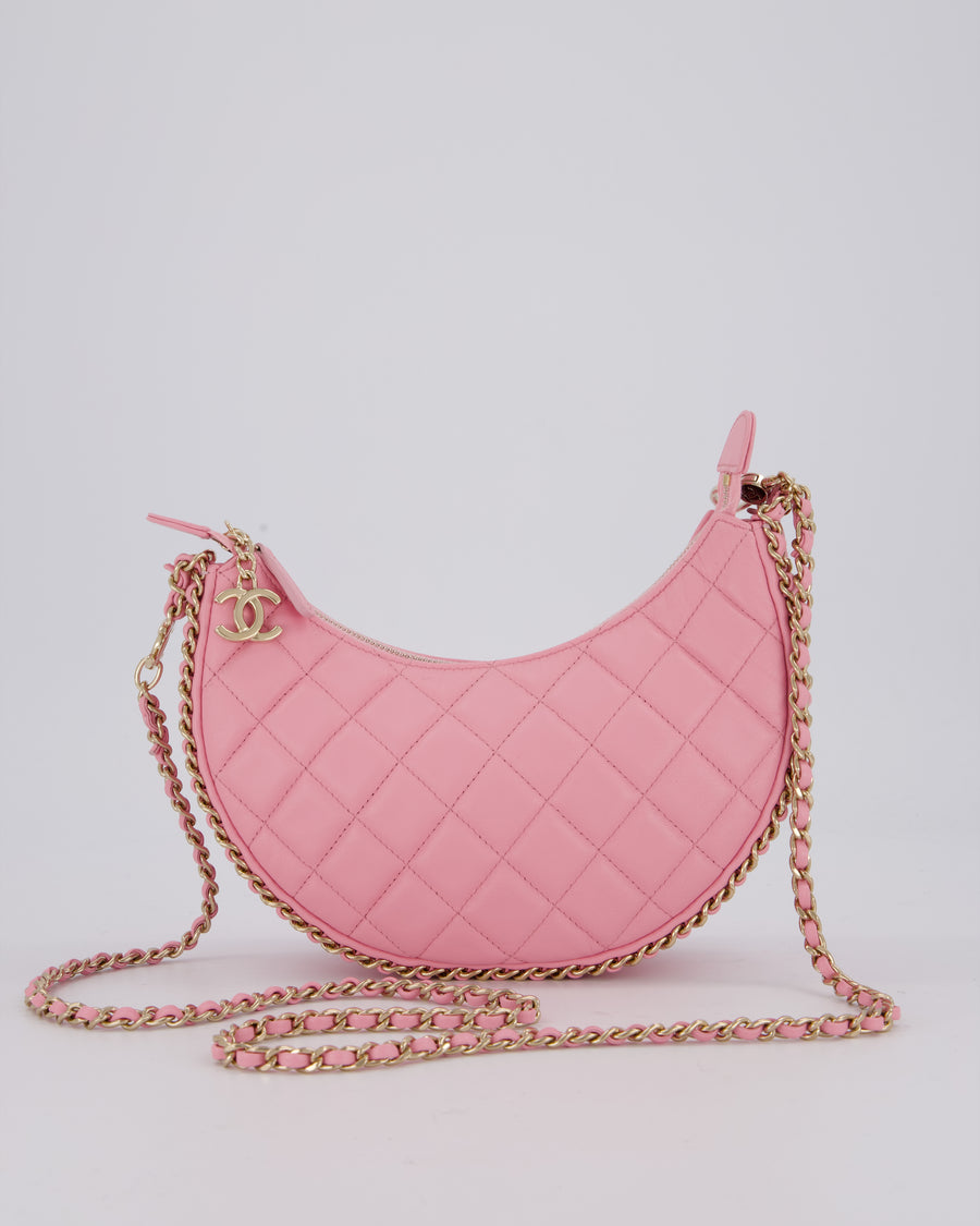 Chanel Bright Pink Small Half Moon Hobo Bag with Champagne Gold Chain Detail