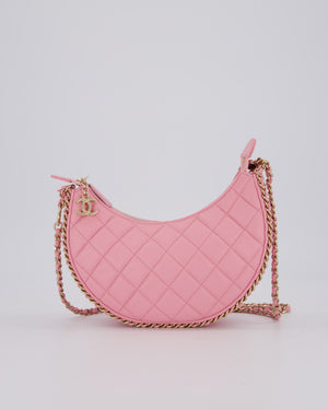 Chanel Bright Pink Small Half Moon Hobo Bag with Champagne Gold Chain Detail