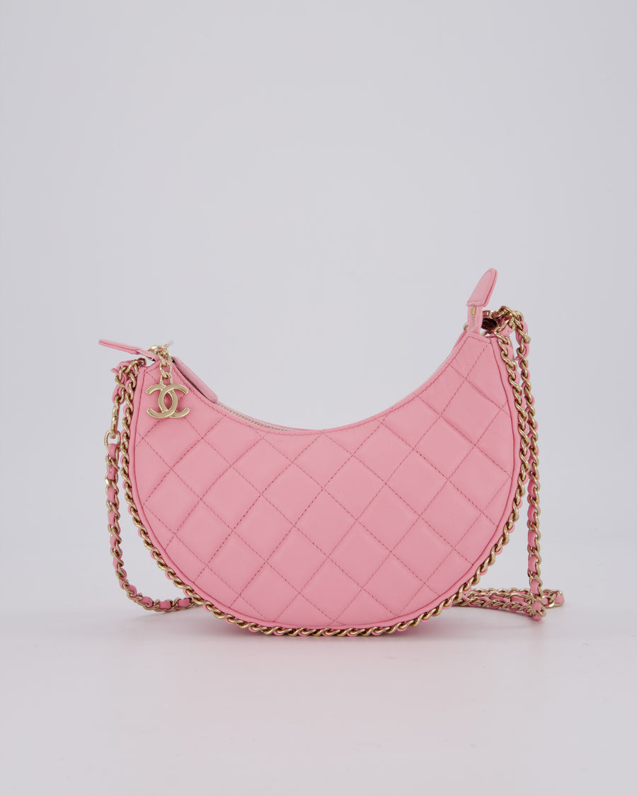 Chanel Bright Pink Small Half Moon Hobo Bag with Champagne Gold Chain Detail