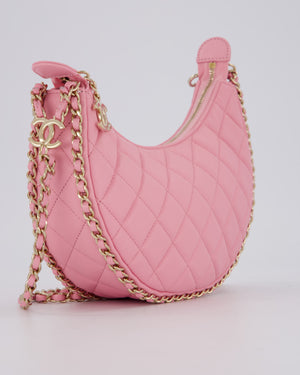Chanel Bright Pink Small Half Moon Hobo Bag with Champagne Gold Chain Detail