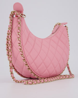 Chanel Bright Pink Small Half Moon Hobo Bag with Champagne Gold Chain Detail