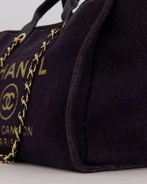 Chanel Navy and Gold Glitter Deauville Tote Bag in Canvas with Gold Hardware
