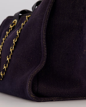 Chanel Navy and Gold Glitter Deauville Tote Bag in Canvas with Gold Hardware