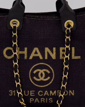Chanel Navy and Gold Glitter Deauville Tote Bag in Canvas with Gold Hardware