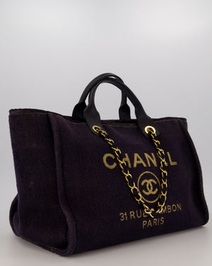 Chanel Navy and Gold Glitter Deauville Tote Bag in Canvas with Gold Hardware