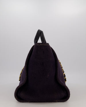 Chanel Navy and Gold Glitter Deauville Tote Bag in Canvas with Gold Hardware
