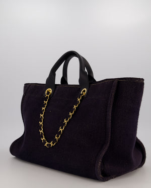 Chanel Navy and Gold Glitter Deauville Tote Bag in Canvas with Gold Hardware