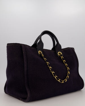 Chanel Navy and Gold Glitter Deauville Tote Bag in Canvas with Gold Hardware