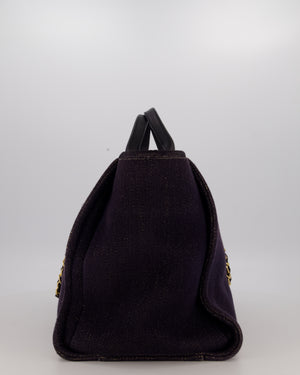 Chanel Navy and Gold Glitter Deauville Tote Bag in Canvas with Gold Hardware