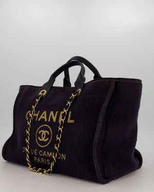 Chanel Navy and Gold Glitter Deauville Tote Bag in Canvas with Gold Hardware