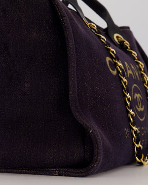 Chanel Navy and Gold Glitter Deauville Tote Bag in Canvas with Gold Hardware