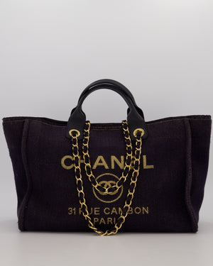 Chanel Navy and Gold Glitter Deauville Tote Bag in Canvas with Gold Hardware