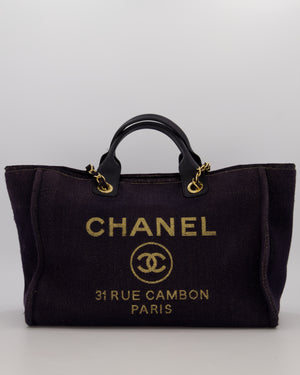 Chanel Navy and Gold Glitter Deauville Tote Bag in Canvas with Gold Hardware