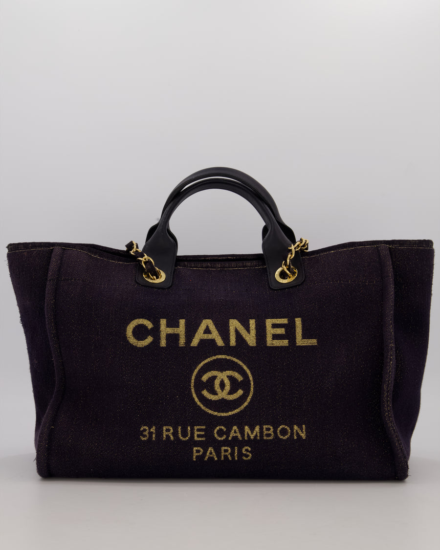 Chanel Navy and Gold Glitter Deauville Tote Bag in Canvas with Gold Hardware