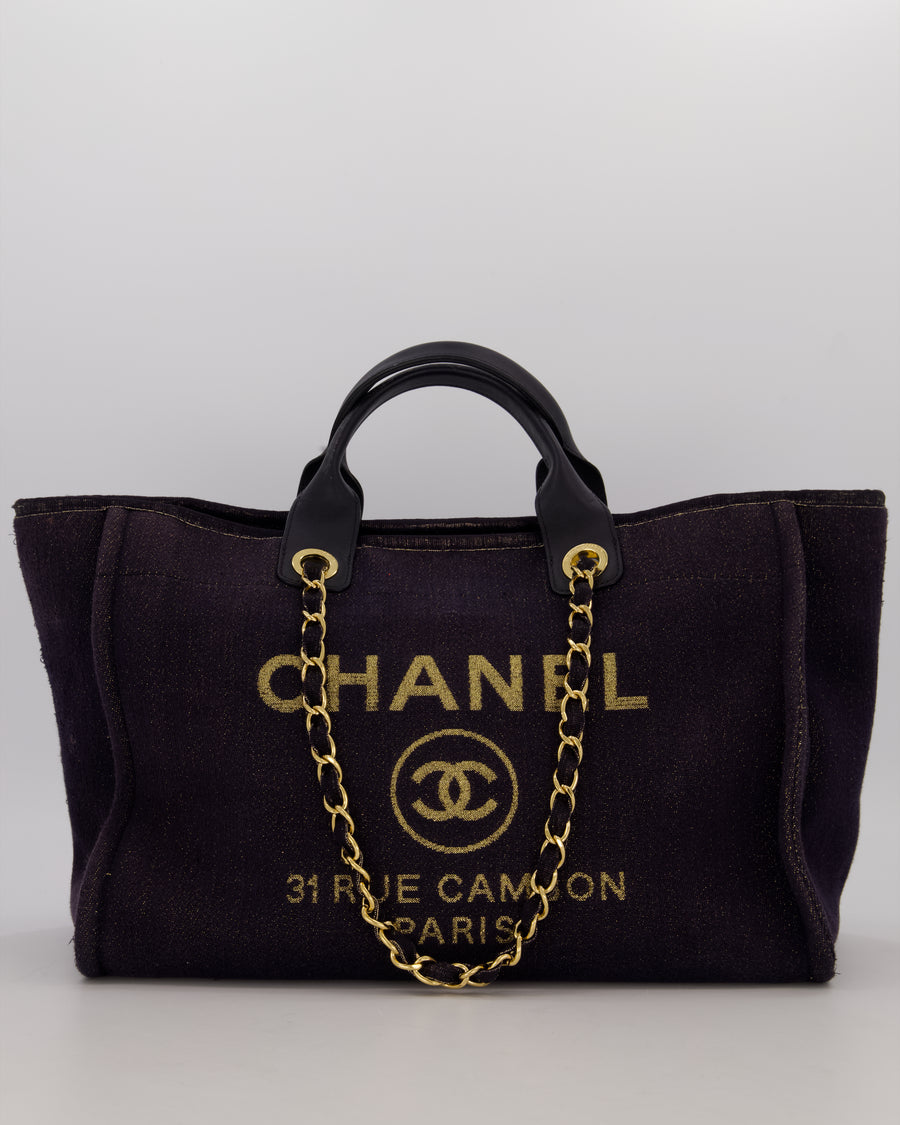 Chanel Navy and Gold Glitter Deauville Tote Bag in Canvas with Gold Hardware