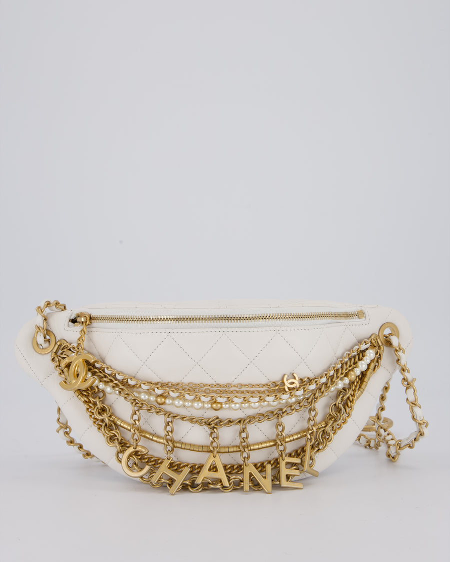 Chanel White Lambskin Leather Bum Bag with Chain Logo Detailing and Gold Hardware