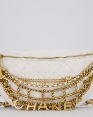 Chanel White Lambskin Leather Bum Bag with Chain Logo Detailing and Gold Hardware