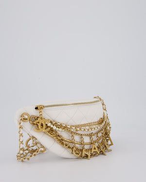 Chanel White Lambskin Leather Bum Bag with Chain Logo Detailing and Gold Hardware