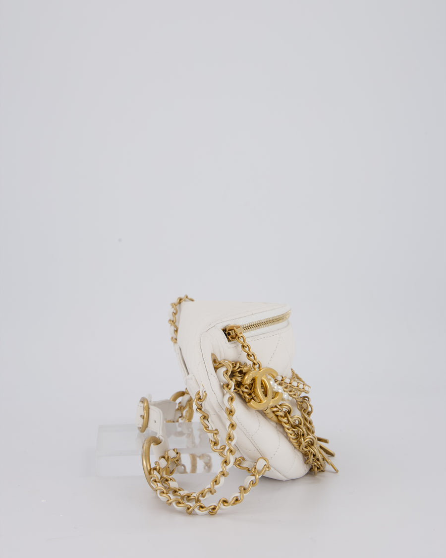 Chanel White Lambskin Leather Bum Bag with Chain Logo Detailing and Gold Hardware