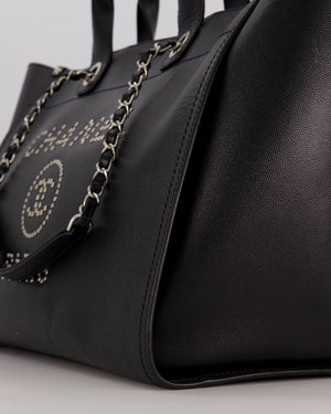 Chanel Black Medium Deauville Tote Bag in Caviar Leather with Silver Hardware
