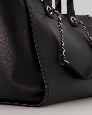 Chanel Black Medium Deauville Tote Bag in Caviar Leather with Silver Hardware