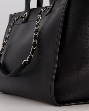 Chanel Black Medium Deauville Tote Bag in Caviar Leather with Silver Hardware