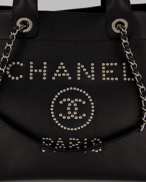Chanel Black Medium Deauville Tote Bag in Caviar Leather with Silver Hardware