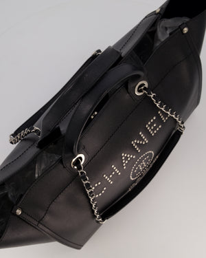 Chanel Black Medium Deauville Tote Bag in Caviar Leather with Silver Hardware