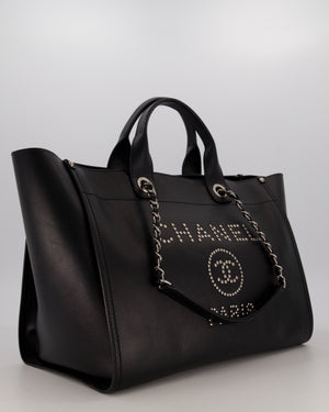 Chanel Black Medium Deauville Tote Bag in Caviar Leather with Silver Hardware