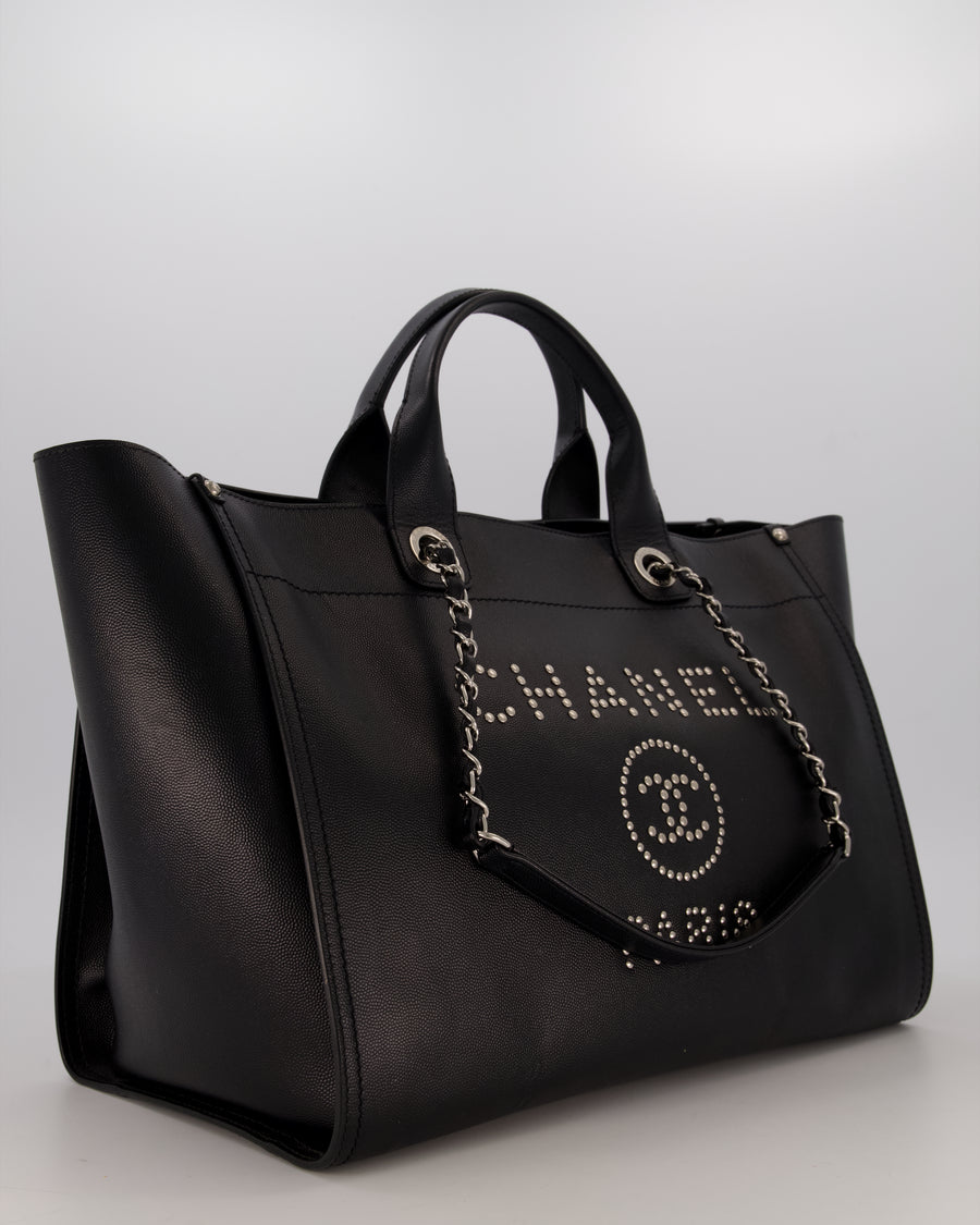Chanel Black Medium Deauville Tote Bag in Caviar Leather with Silver Hardware